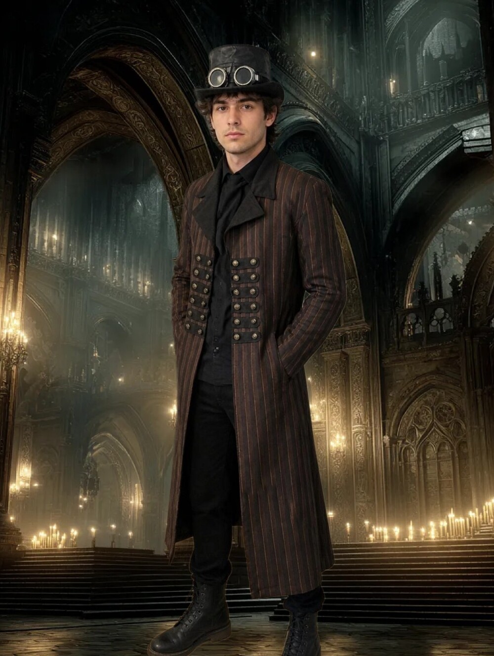 Spirit Halloween Steampunk Trench Coat Costume Set XXL Hat Goggles